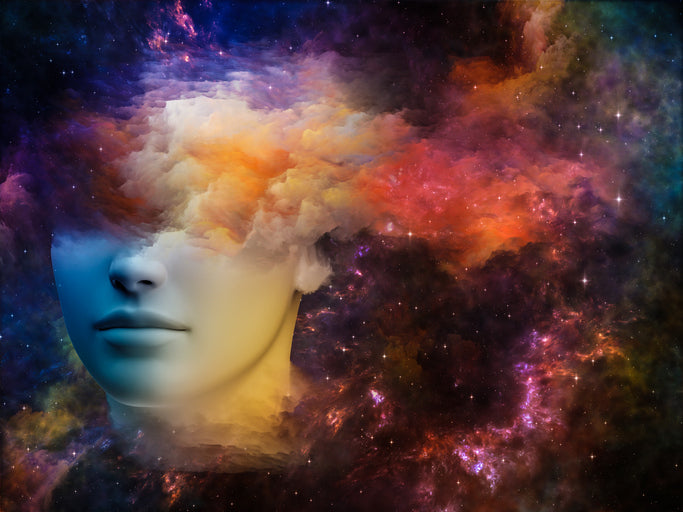 A graphical image of a young woman with clouds obscuring her eyes and the entire upper half of her face and scull.