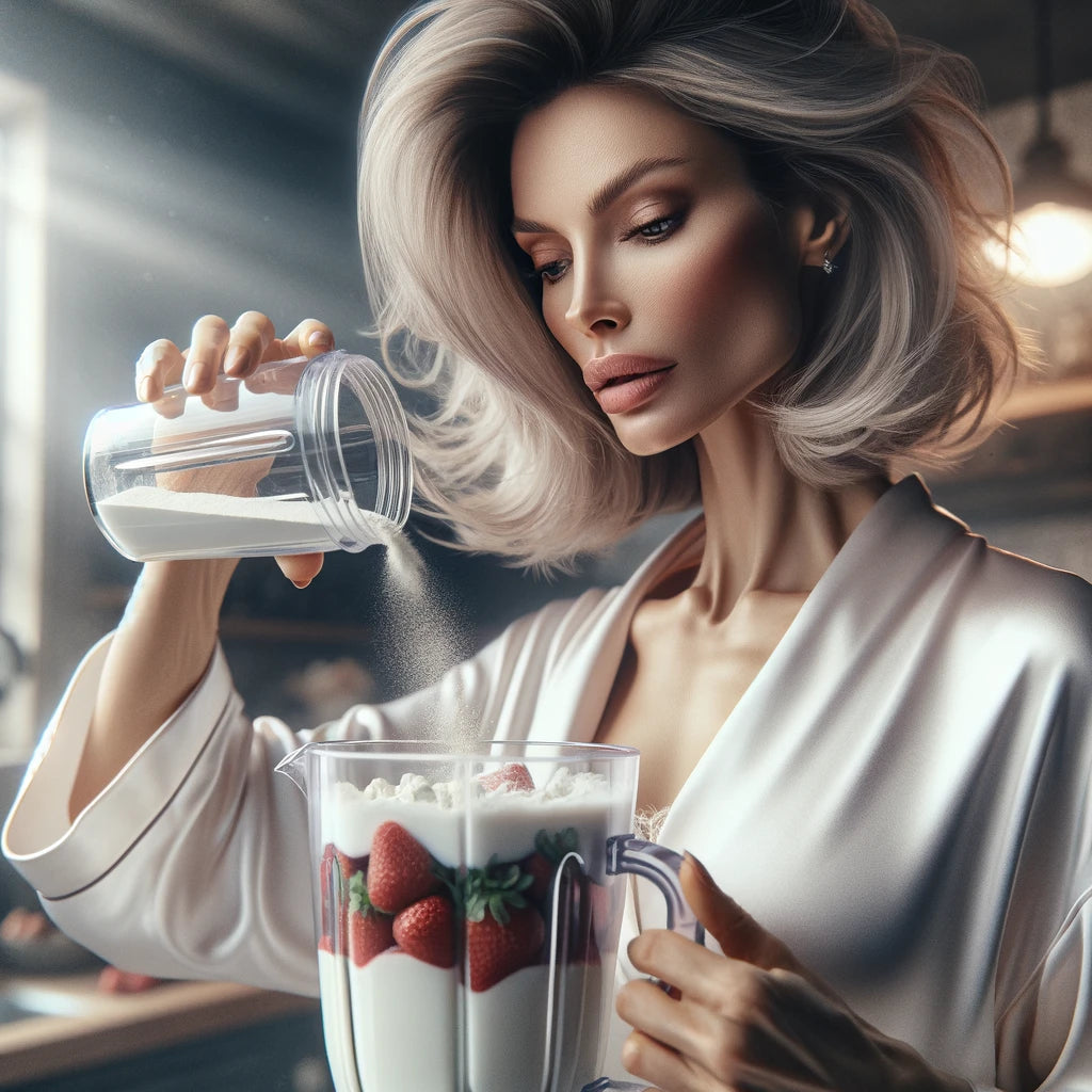 An image of a woman pouring collagen peptides powder into her morning smoothie.
