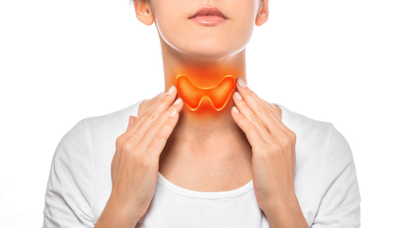 A cropped image of a young woman showing a graphical image of a thyroid gland on her neck.