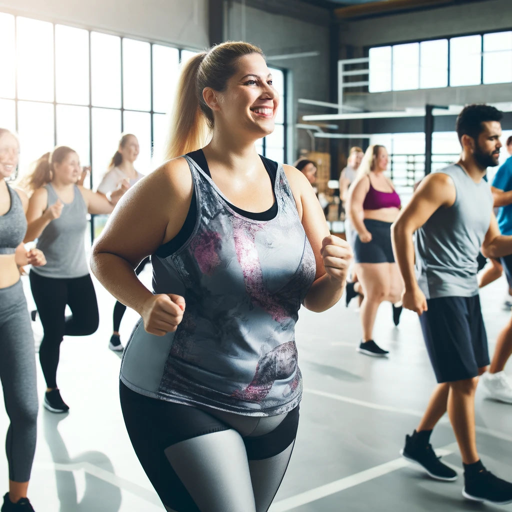 An image of a woman with obesity doing a group aerobic workout.
