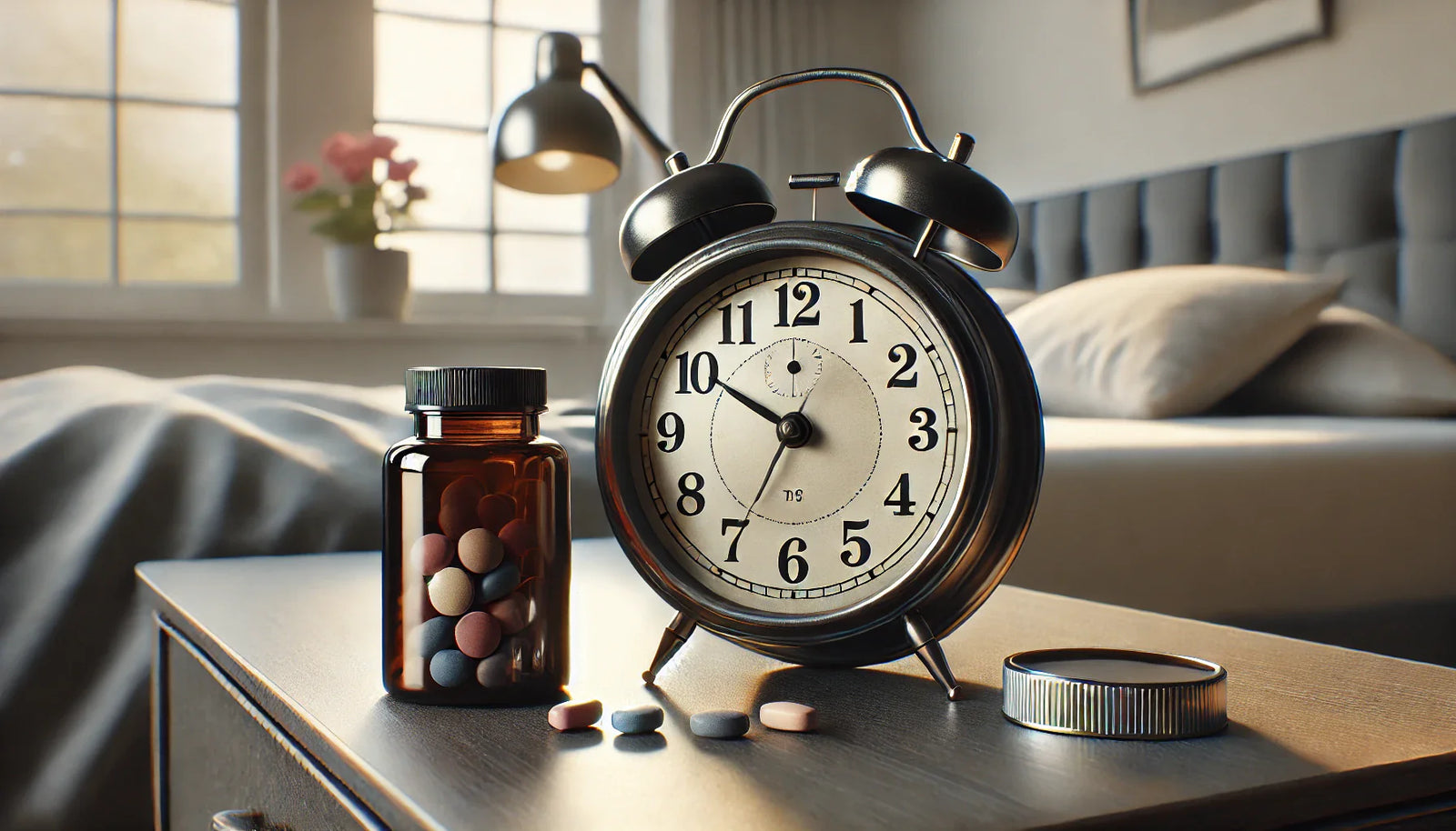 An image of an alarm clock beside a bottle of dietary supplements