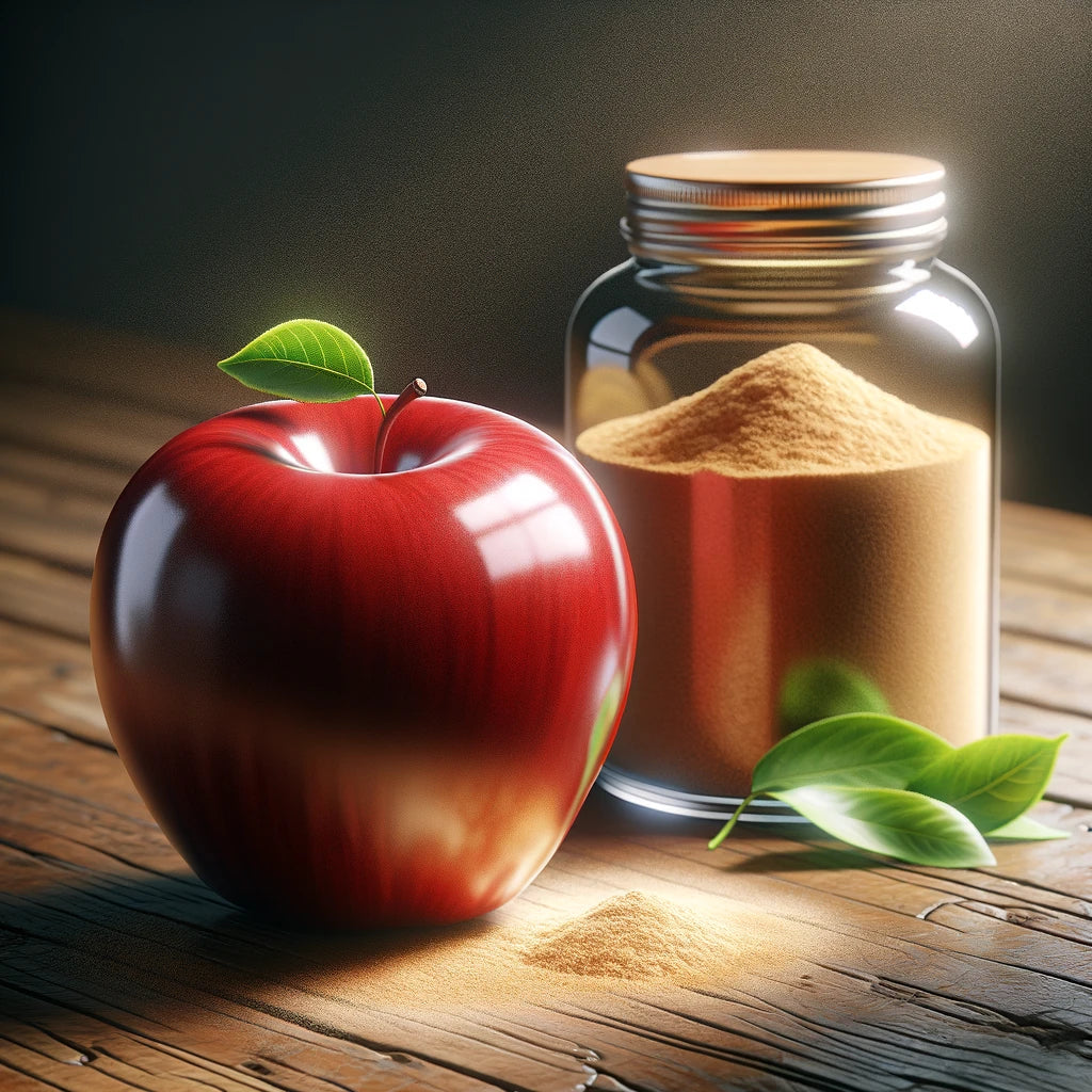 An image of two apples and a glass bowl of apple powder on a white background.