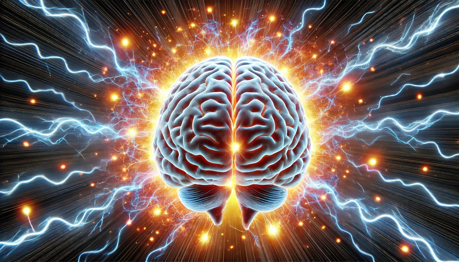 An graphical image of a human brain with energetic sparks shooting out of it.