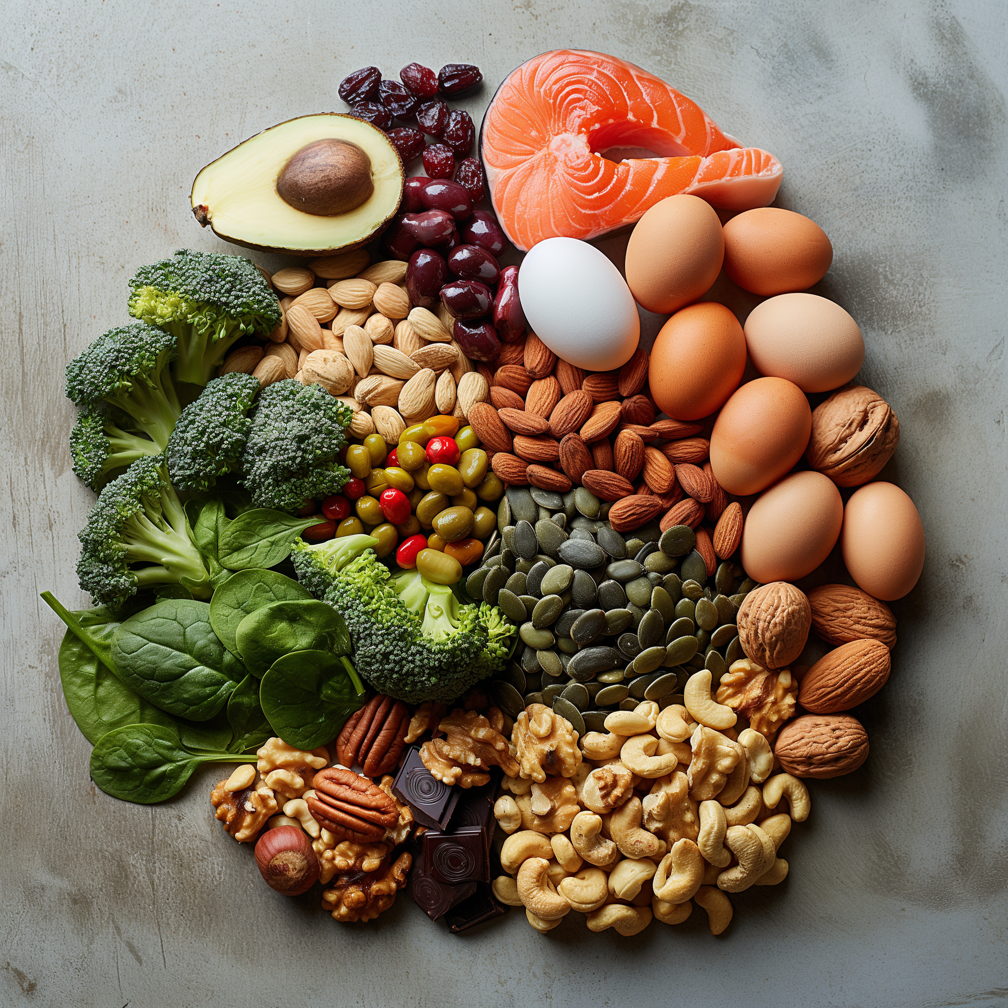 An image of various brain foods arranged on a table. These foods include avocado, salmon, eggs, walnuts, broccoli, spinach, and seeds.
