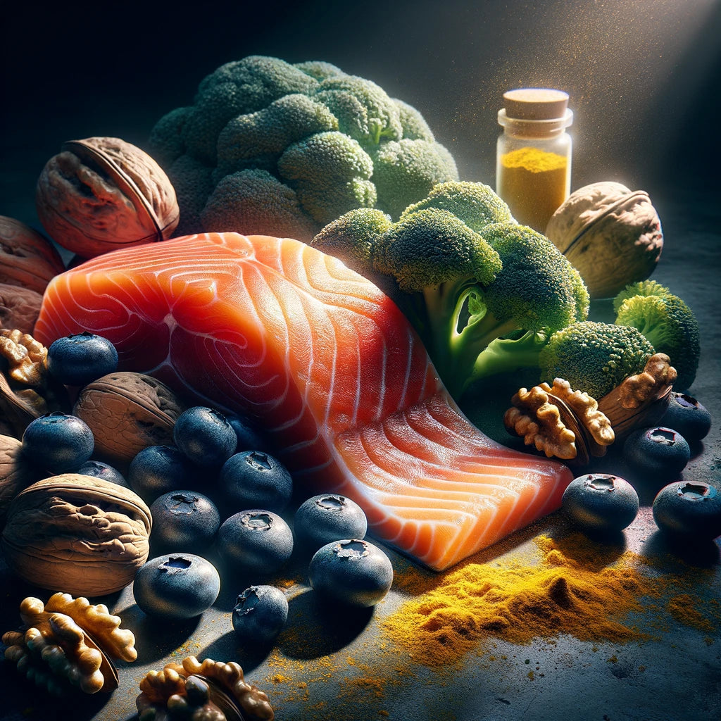 An image of an assortment of brain foods, including salmon, broccoli, walnuts, and blueberries.