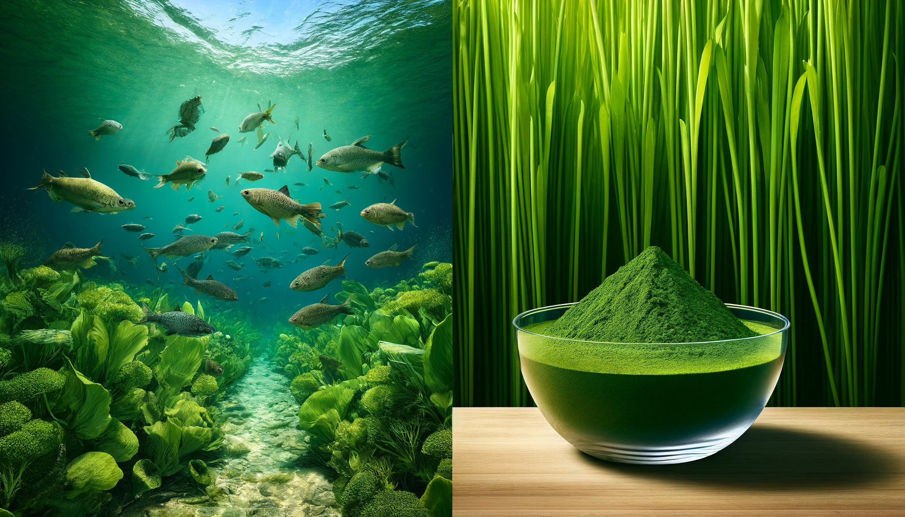 An image of chlorella in the sea and in powder form.