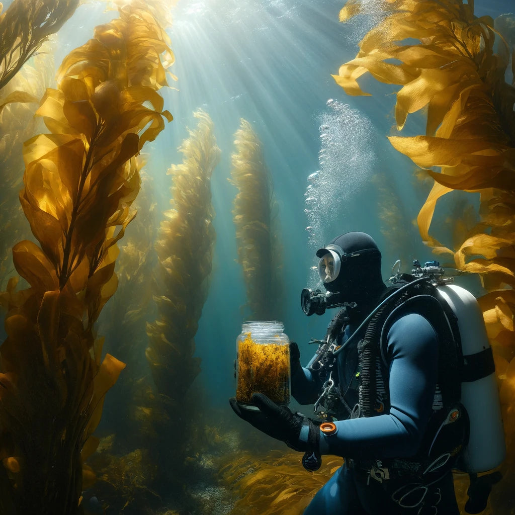 An image of a deep sea diver looking at a kelp forest with a jar of kelp powder in his hand. 
