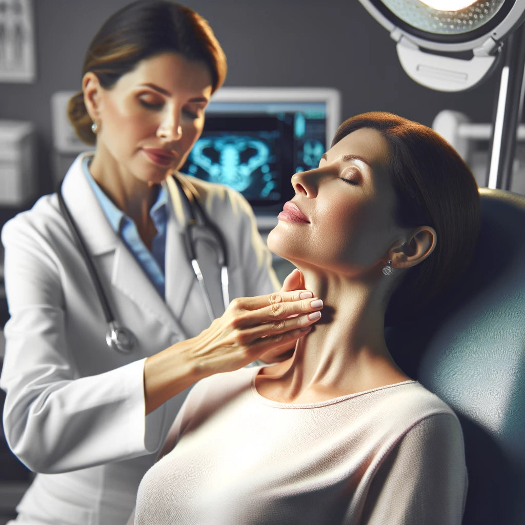 An image of a doctor feeling a patients neck for thyroid symptoms.