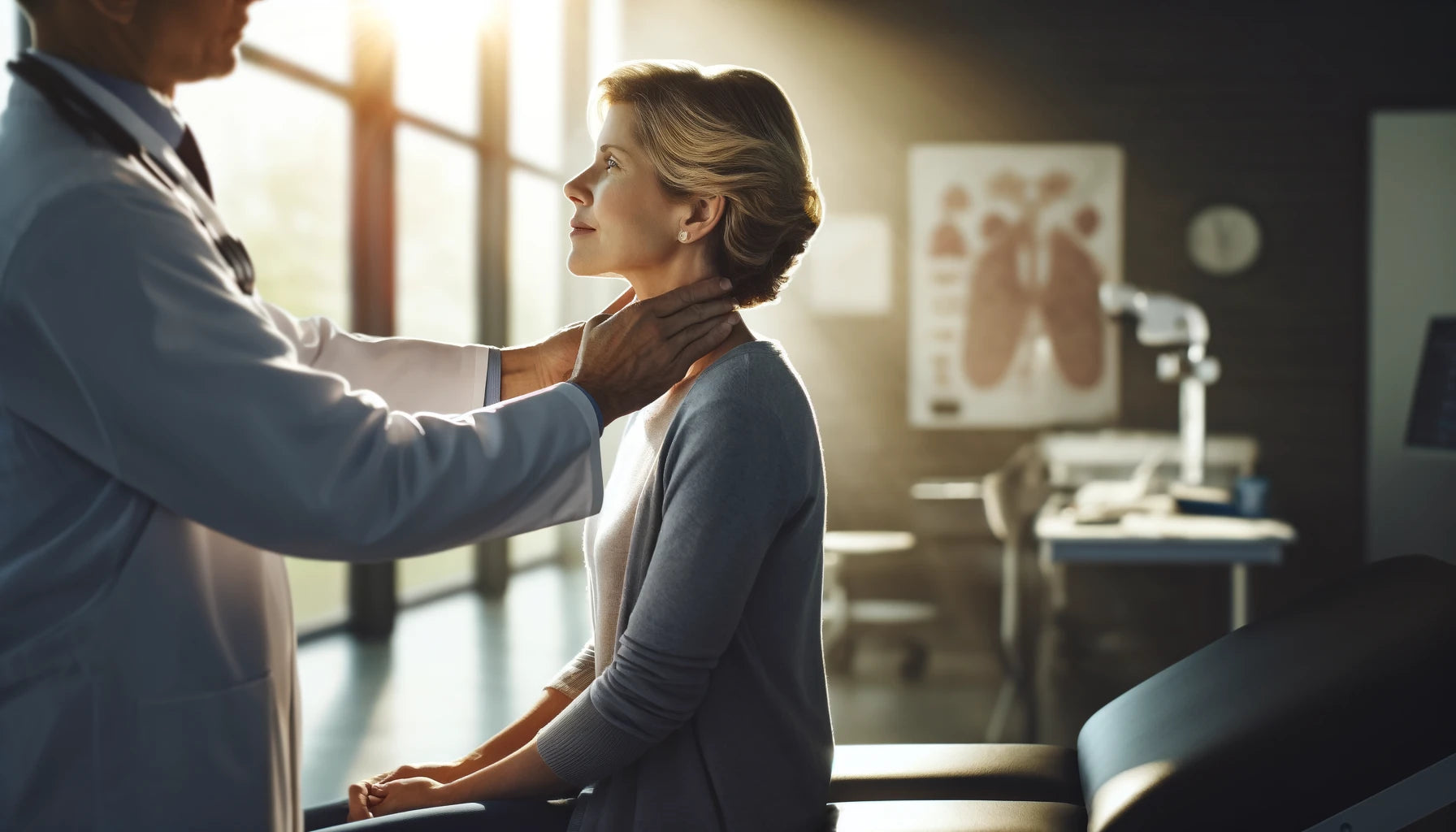 An image of a doctor feeling a female patient's neck for signs of a thyroid condition.