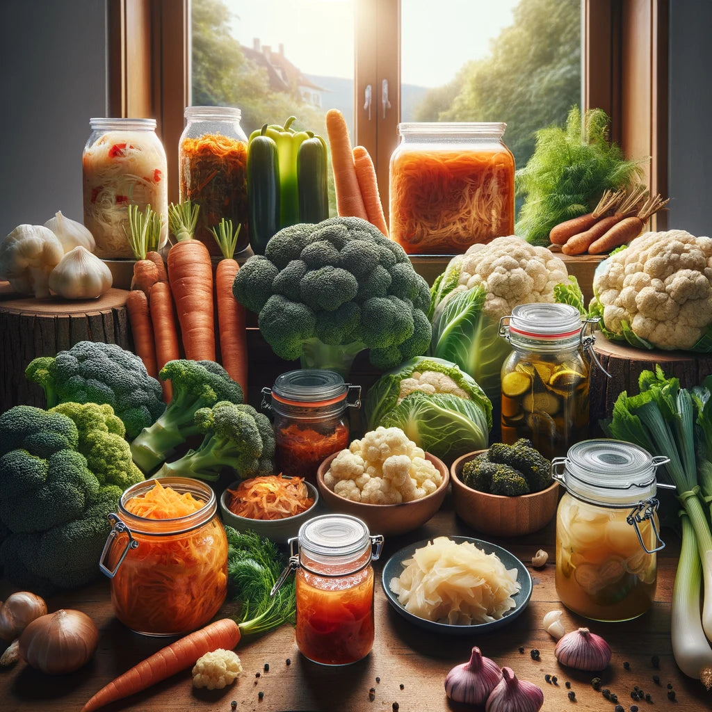 An image of a a display of nonstarchy vegetables and fermented foods for gut health.