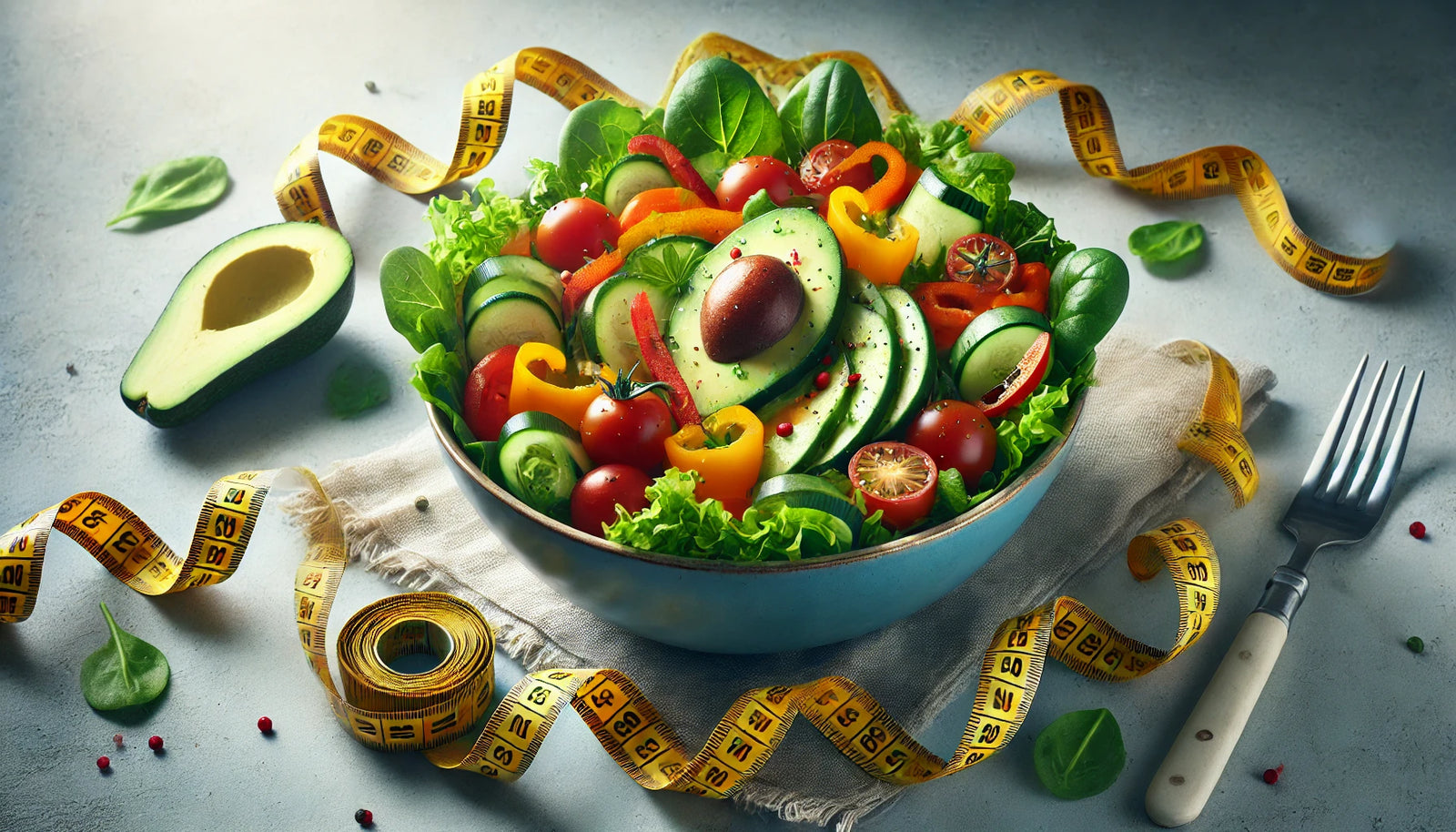 An image of a fresh salad with a tape measure.