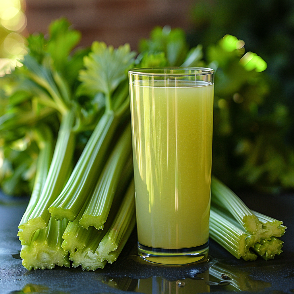 An image of a glass of celery juice beside celery stalks on a table.