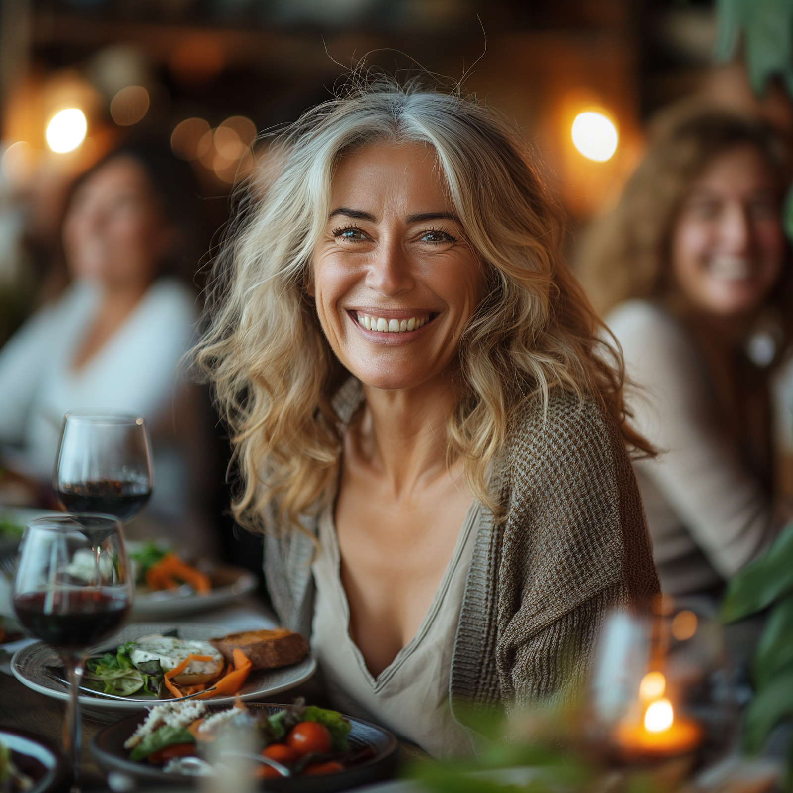 An image  of a woman eating lunch with friends