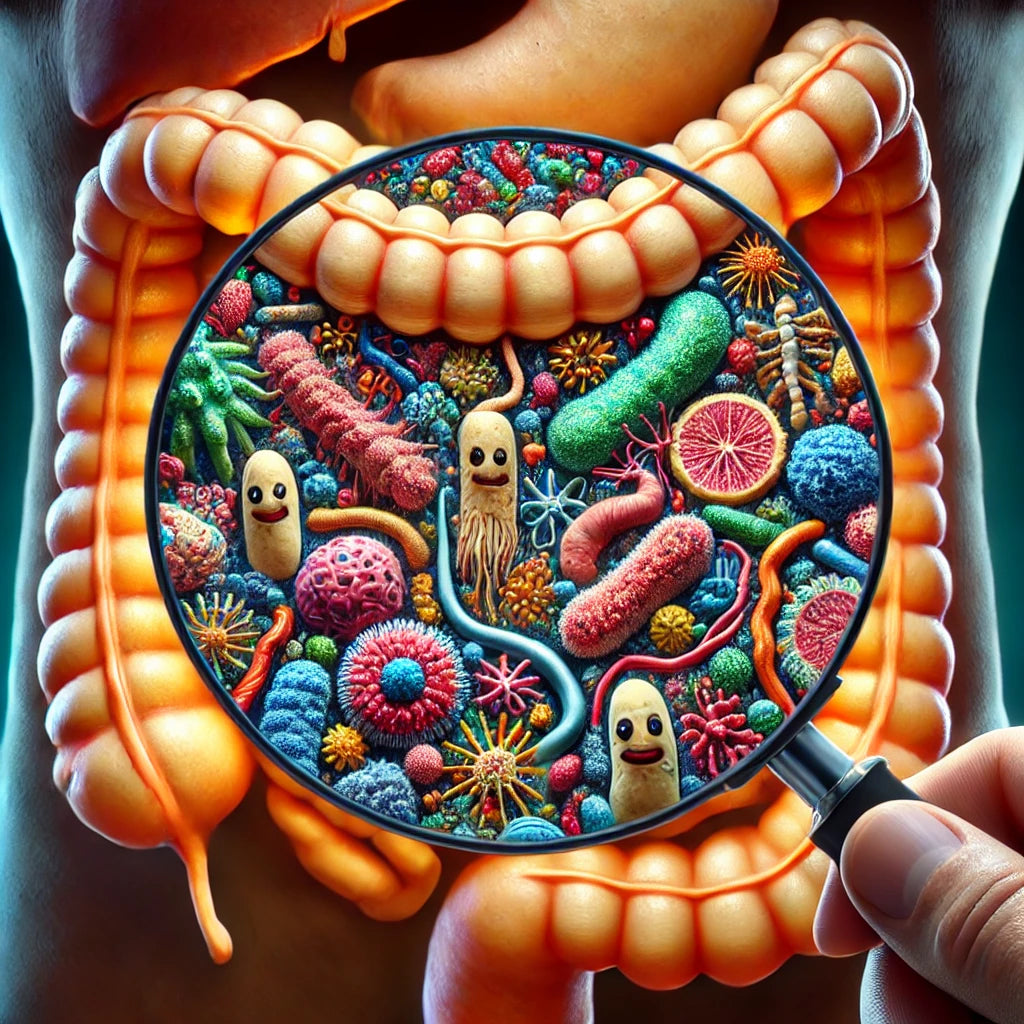 Cartoon image of a human gut microbiome.