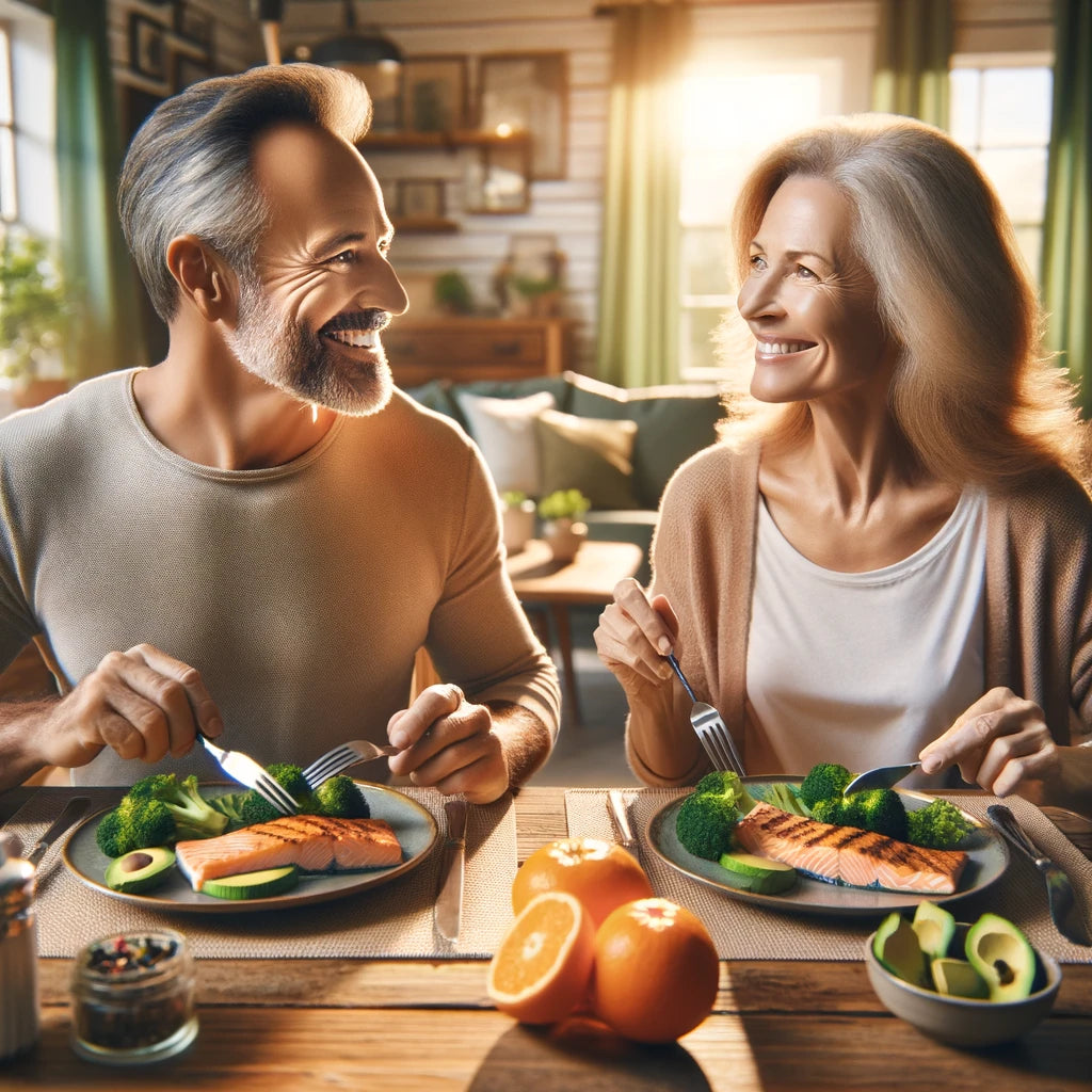 An image of a man and woman eating a healthy dinner to fix leaky gut syndrome.