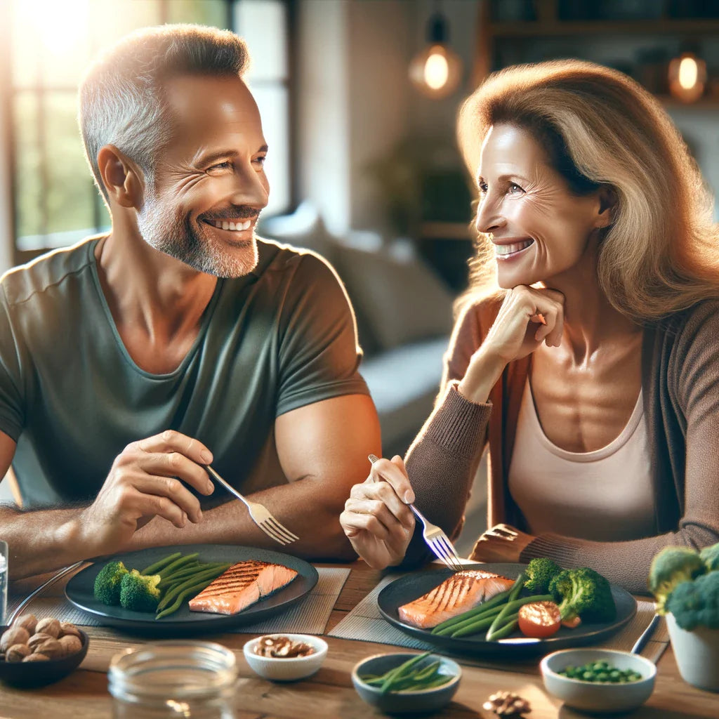 An image of a mature man and woman eating a healthy meal,