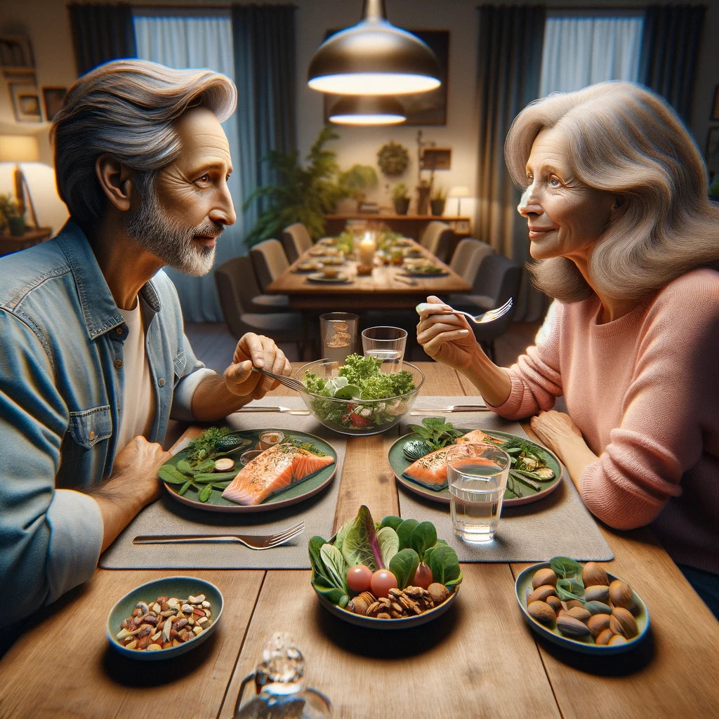 An image of a man and woman enjoying a healthy meal with dietary fiber.