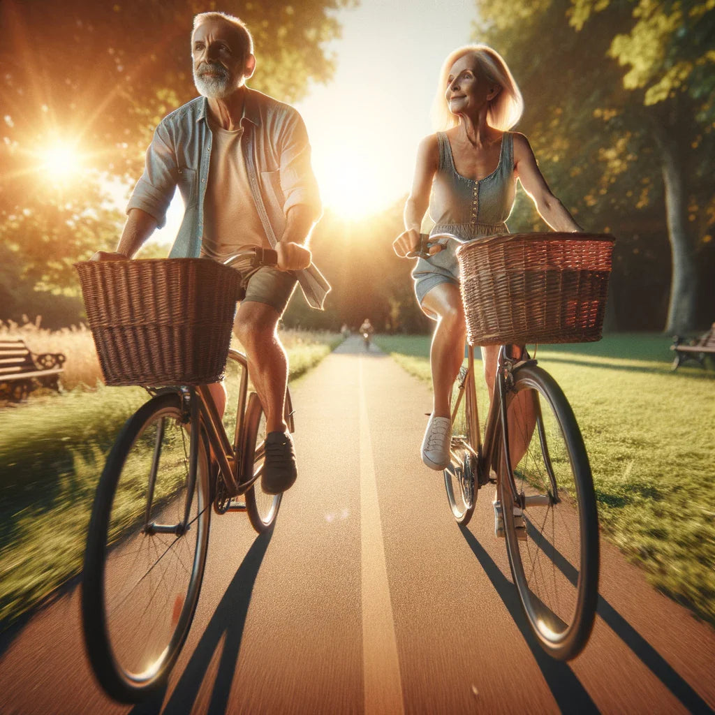 An image of a man and woman riding bicycles in the park to improve the benefits of postbiotic supplements.