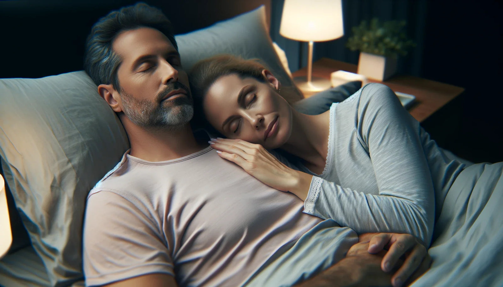 An image of a man and woman sleeping peacefully in bed to help prevent metabolic syndrome.