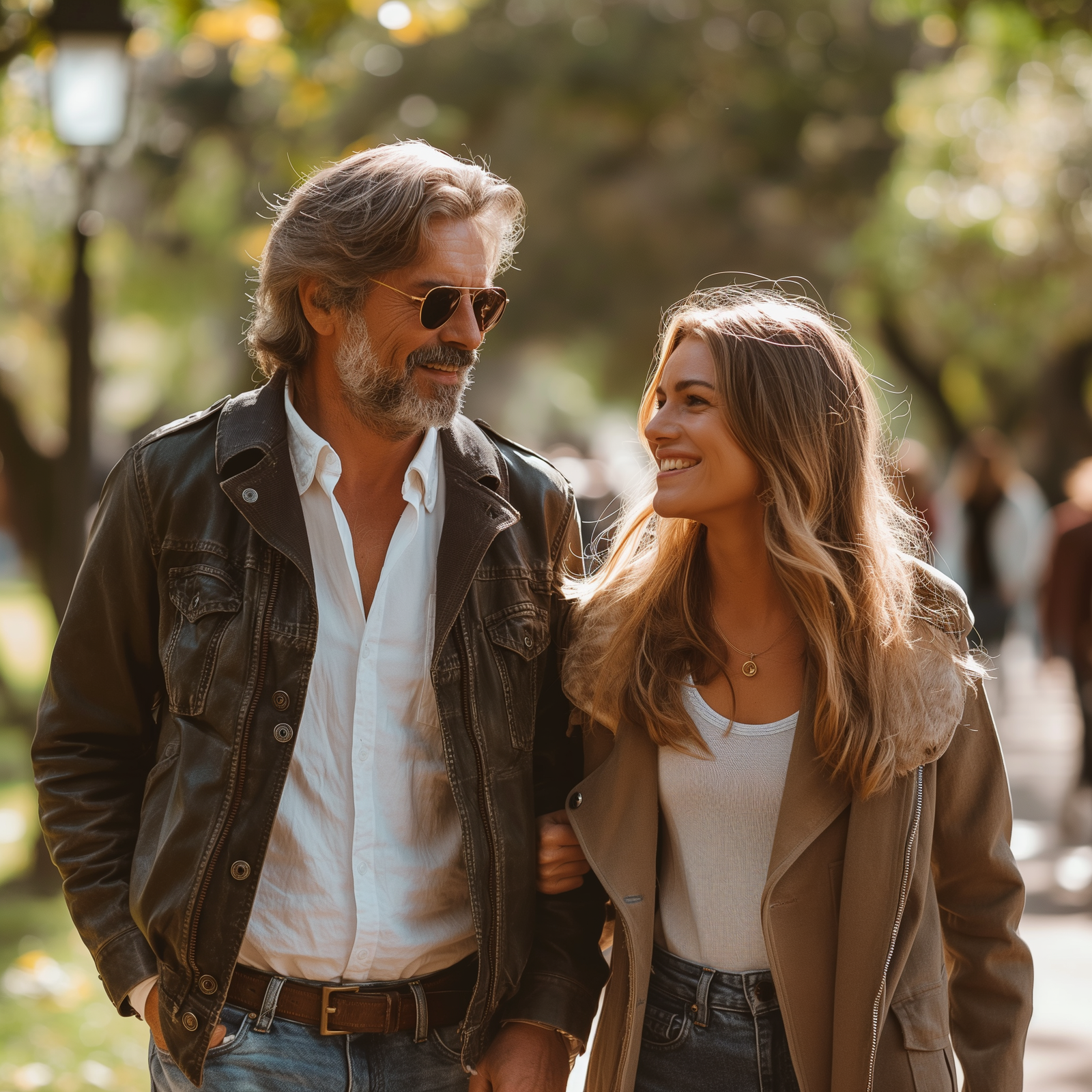 An image of a man and woman walking in the park together, happy and healthy
