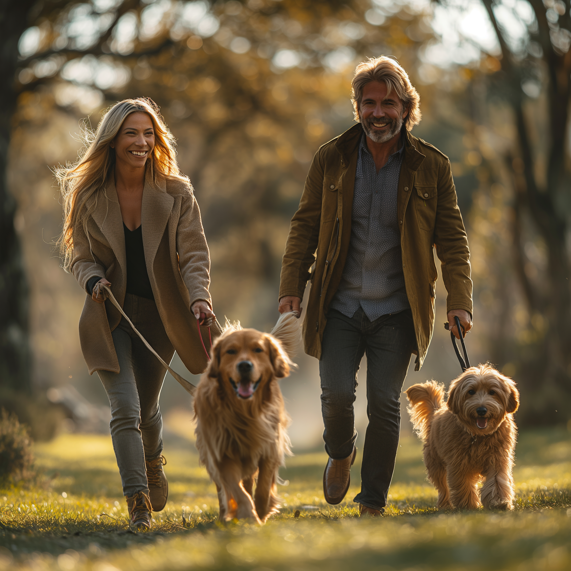 An image of a man and woman walking their dogs in a park to help manage setpoint weight.