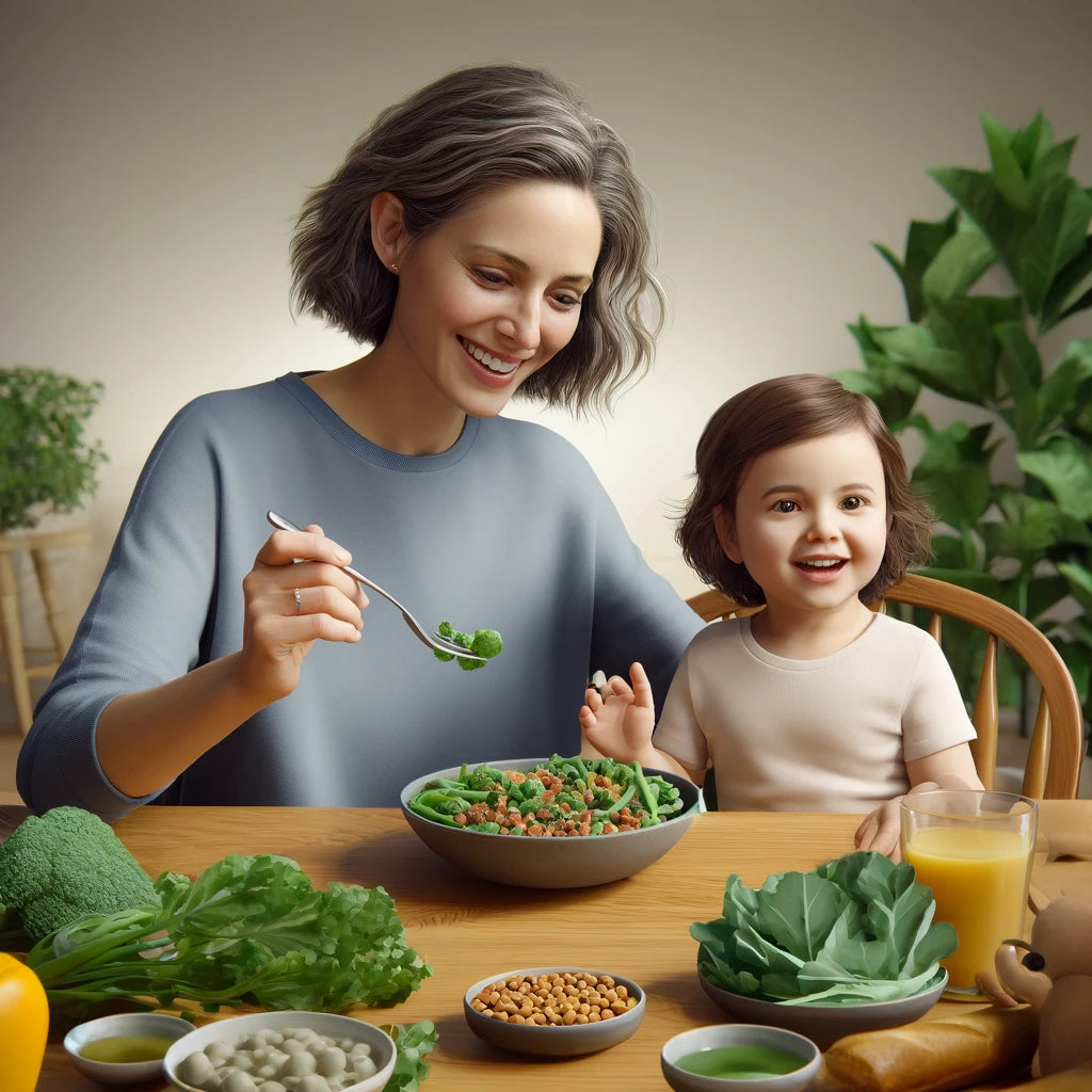 An image of a mother and her toddler enjoying foods containing folate. 