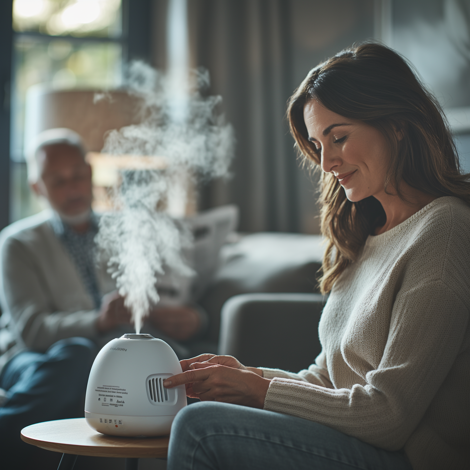An image of a woman adjusting the humidifer to help prevent excess mucus.