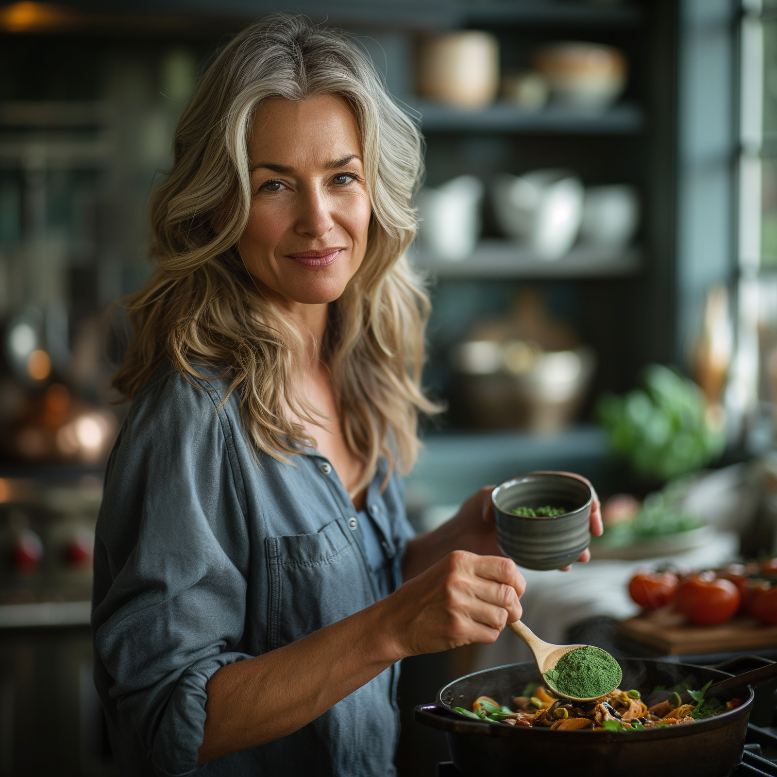 An image of a woman cooking with broccoli powder.