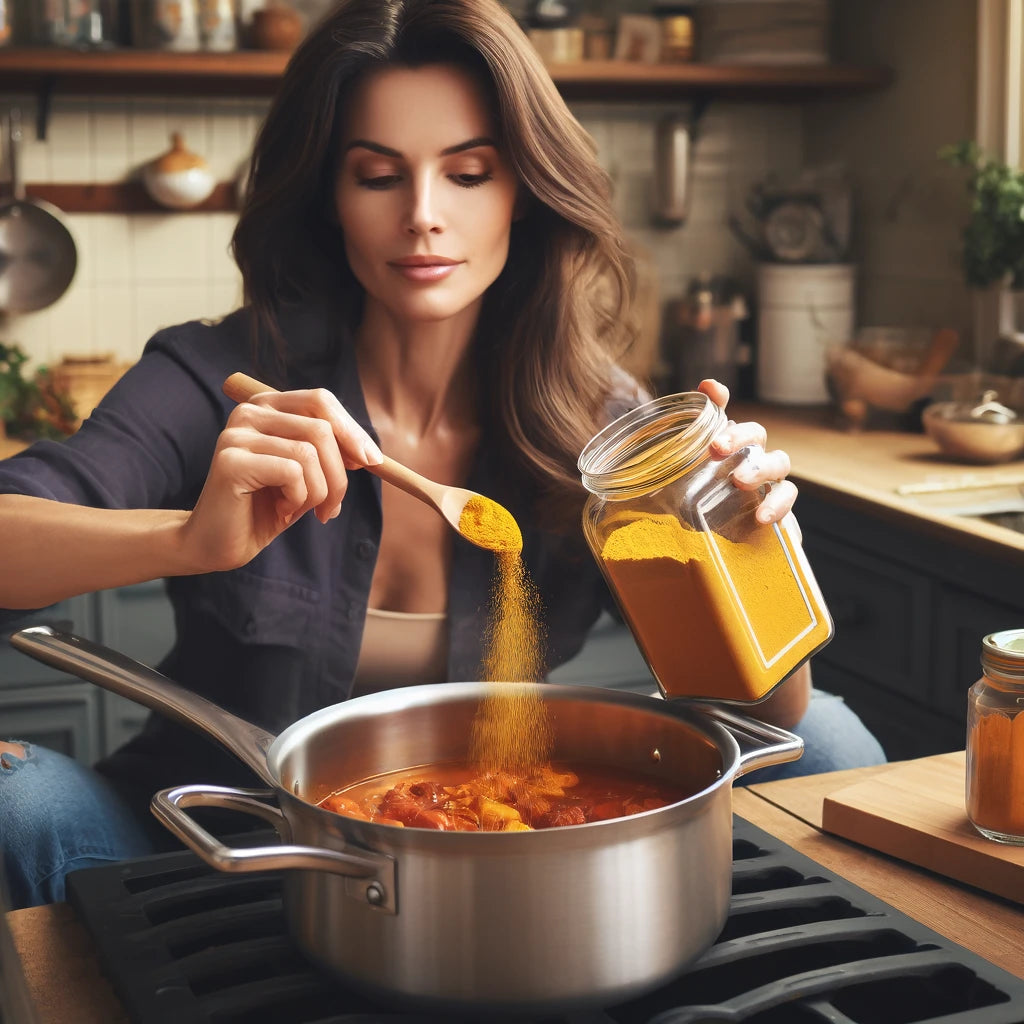 An image of a woman sprinkling turmeric benefits for diabetes into her pot of stew.