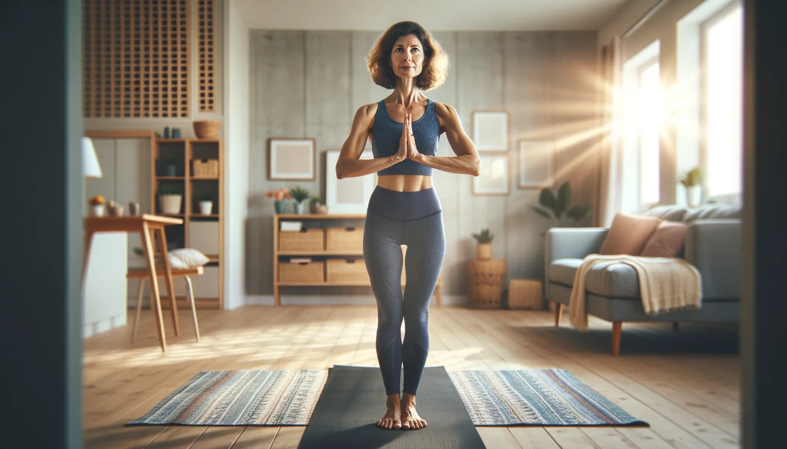 An image of a woman doing a yoga pose on a yoga matt to help the benefits of probiotic foods.