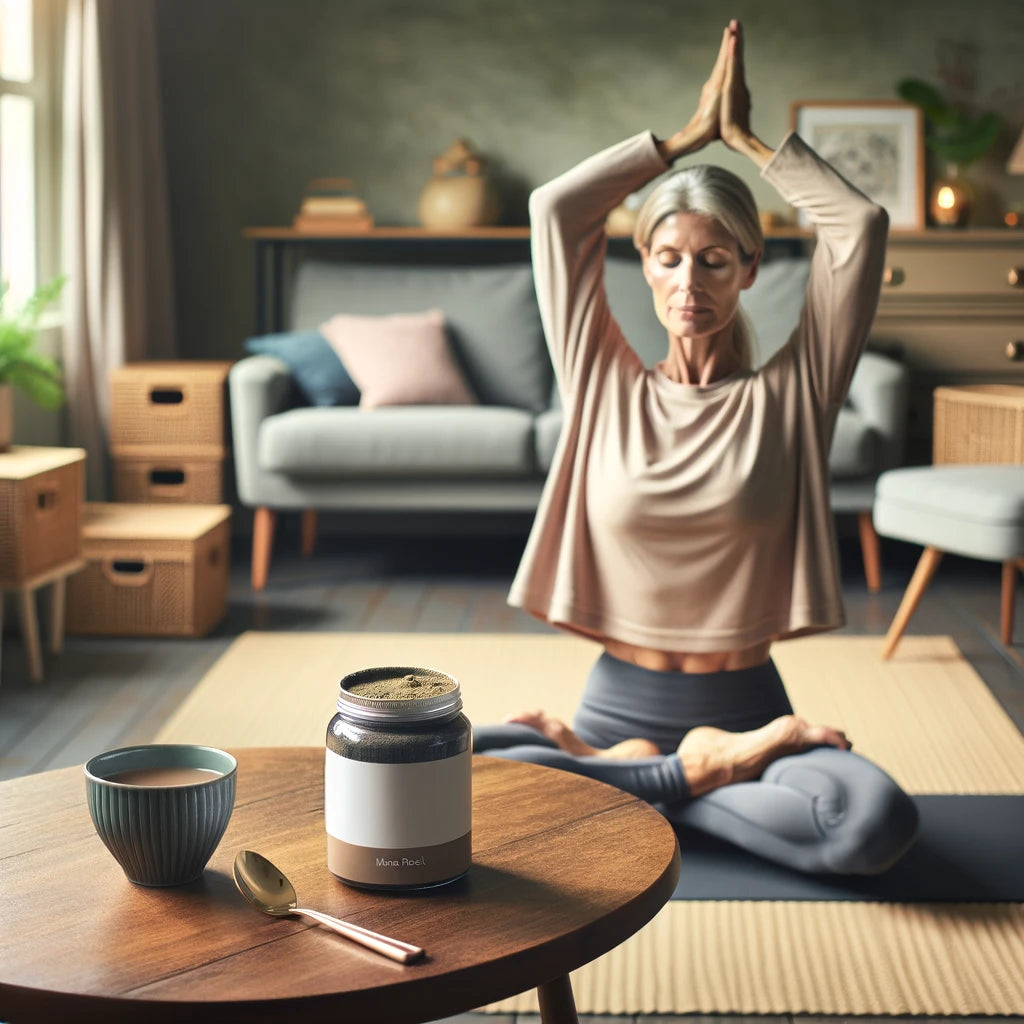 An image of a woman doing yoga beside a jar of maca root powder.