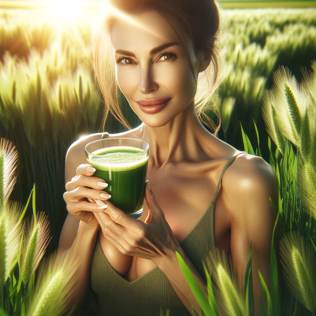 An image of a mature women with blond hair looking over her shoulder at the camera while holding a glass of green alfalfa juice.