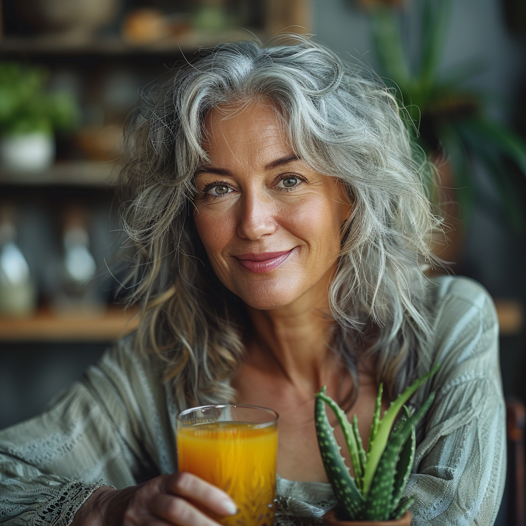 An image of a woman drinking aloe vera juice to relieve chronic acid reflux (GERD)