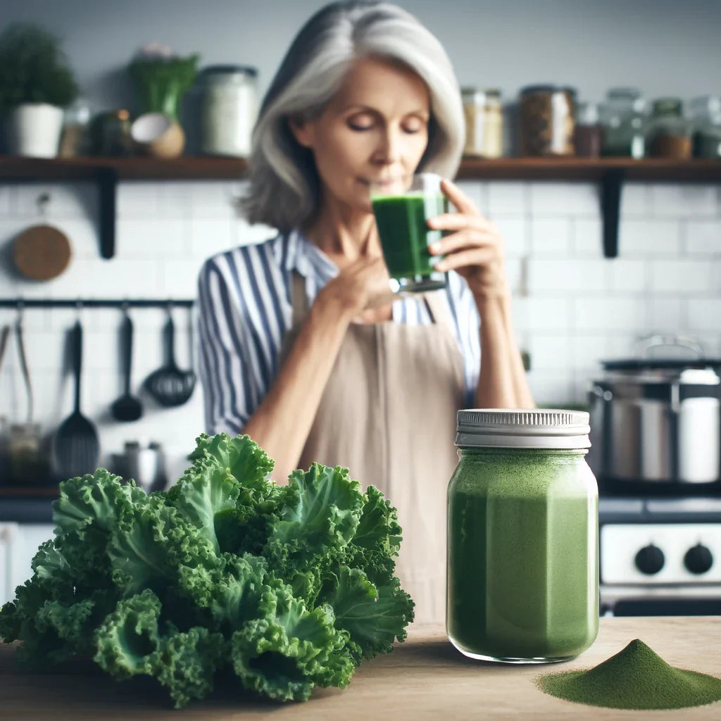An image of a woman drinking a kale powder green smoothie.