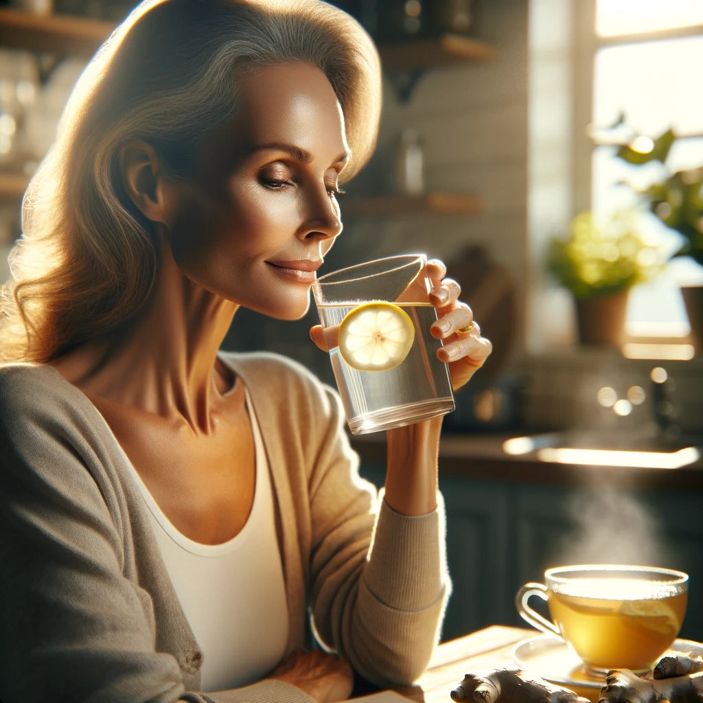 An image of a woman drinking a glass of water with lemon to ease Ulcerative Colitis symptoms.