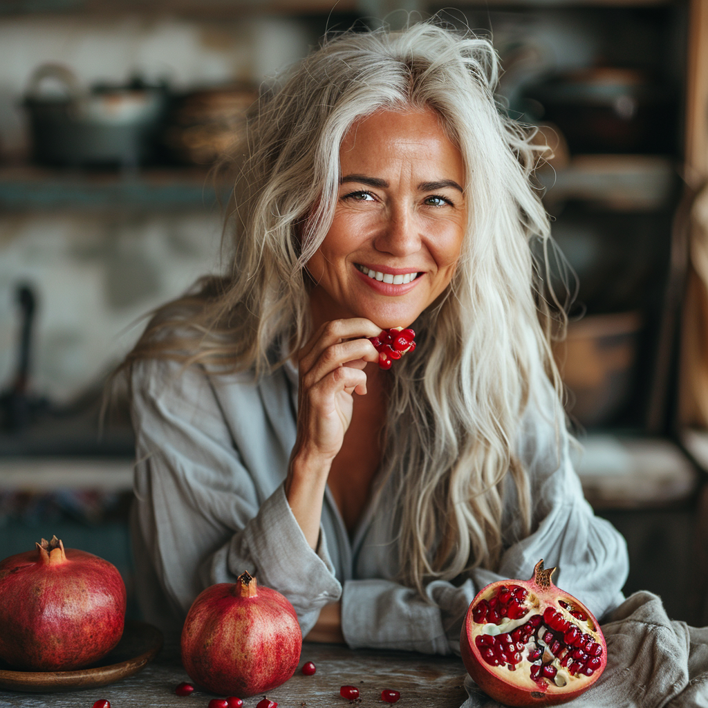 An image of a woman eating a pomegranate fruit and pomegranate supplements