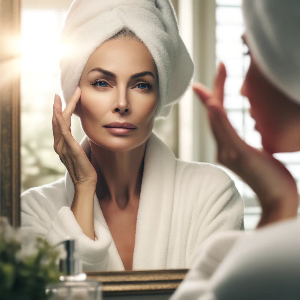 An image of a woman examining her face in the mirror for collagen health benefits.