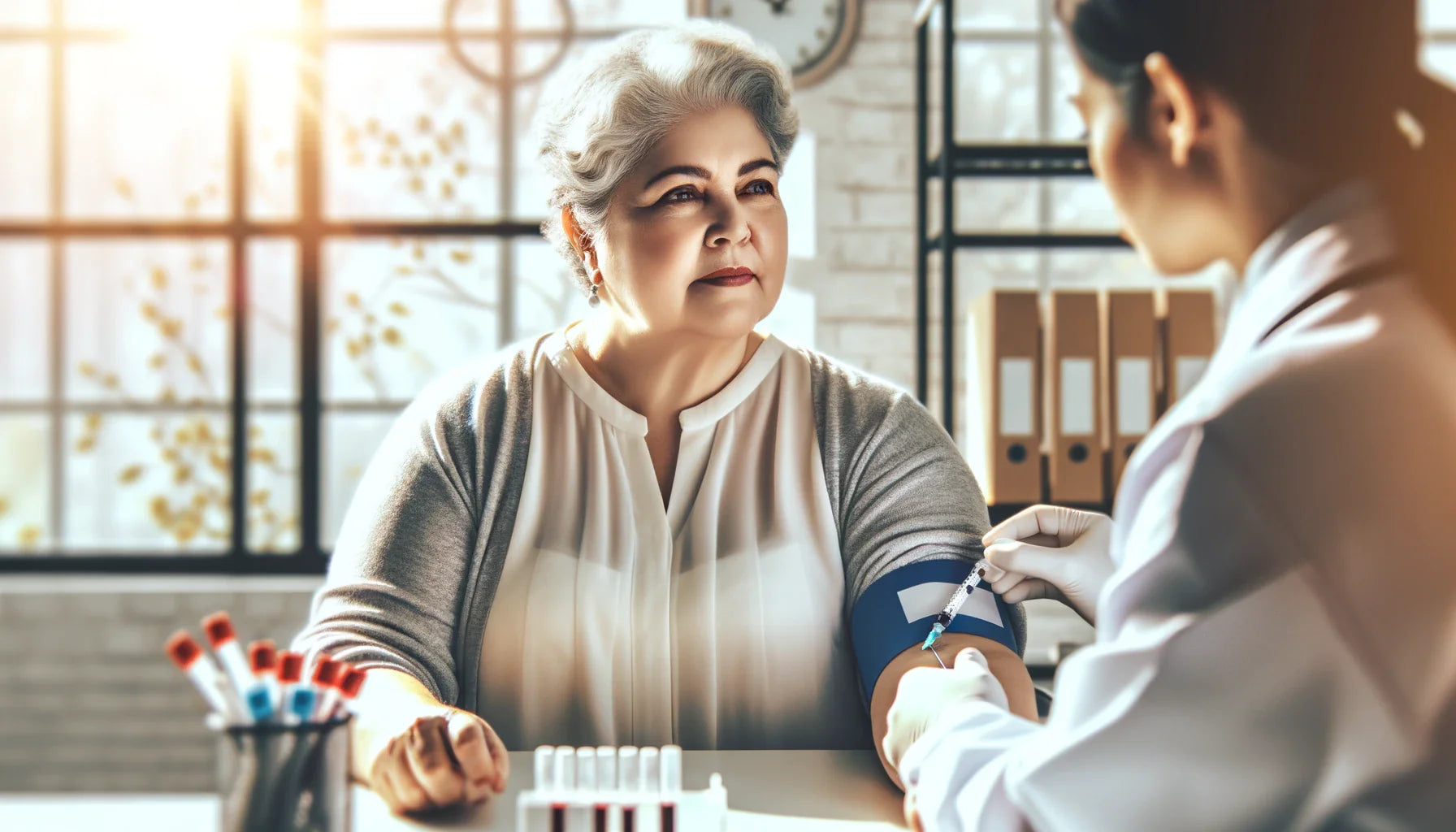 An image of an older overweight woman getting a blood test for type 2 diabetes.