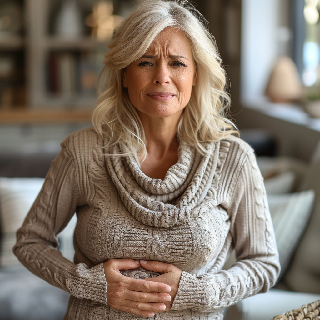 An image of a woman holding her stomach in pain.