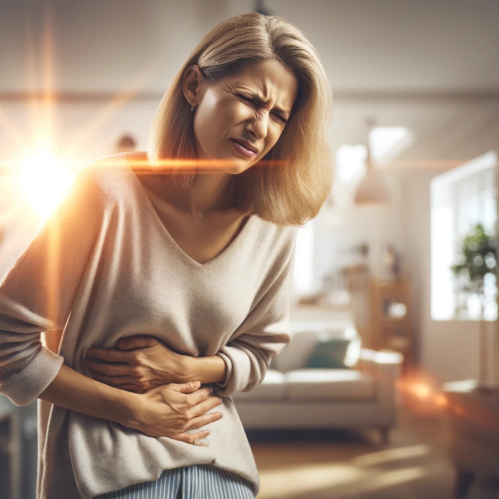 An image of a woman with indigestion clutching her stomach in pain.