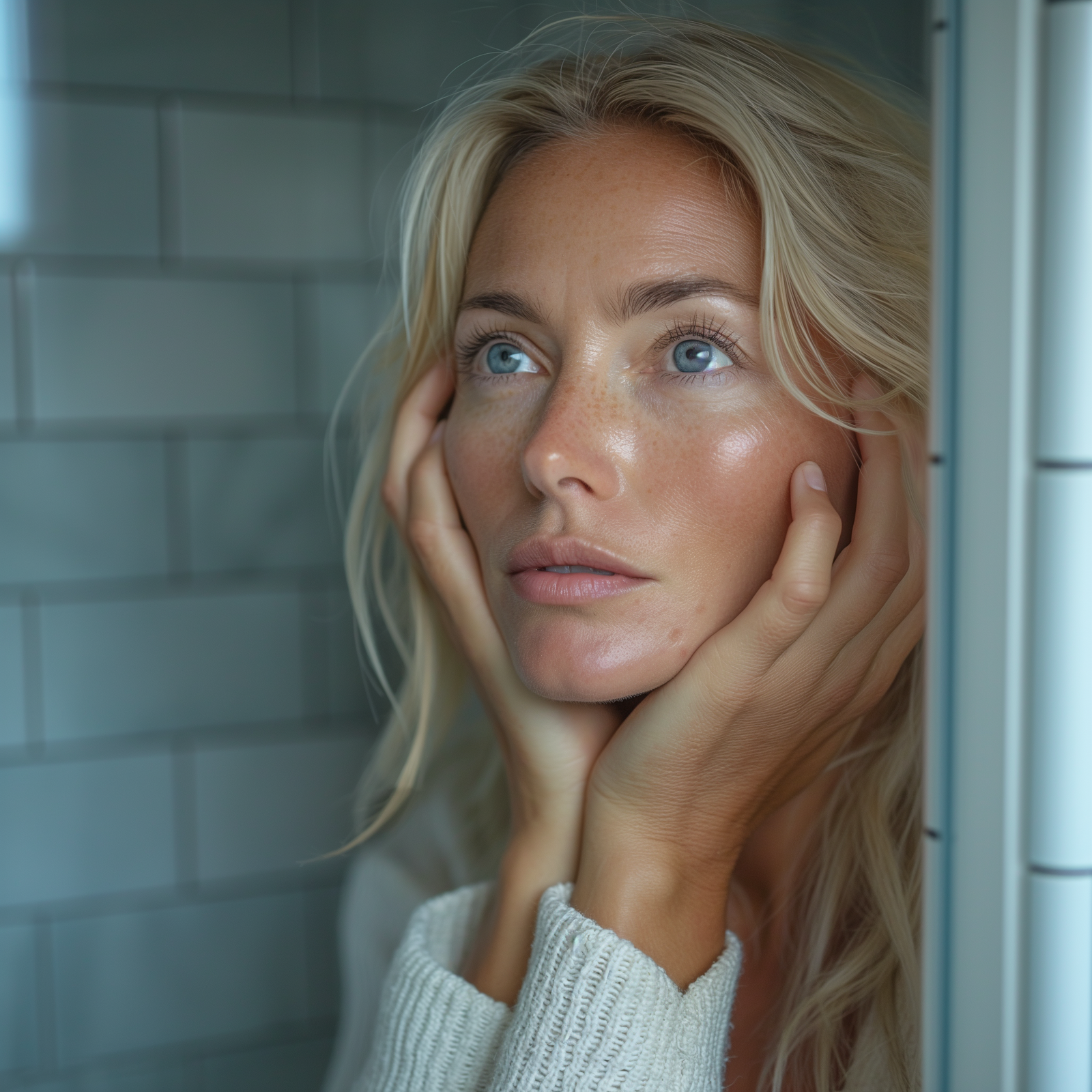 An image of a woman looking at her complexion in the mirror