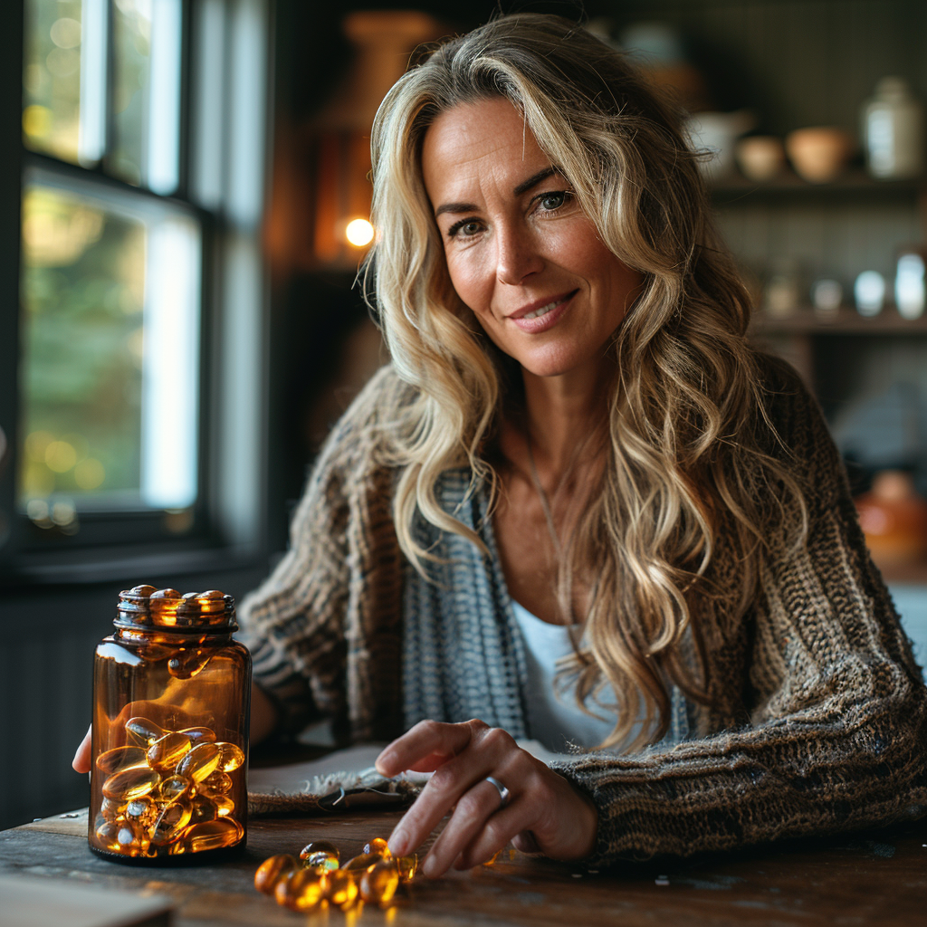 An image of a woman looking at Omega-3 Fatty Acid Supplement spilled out on a table. 