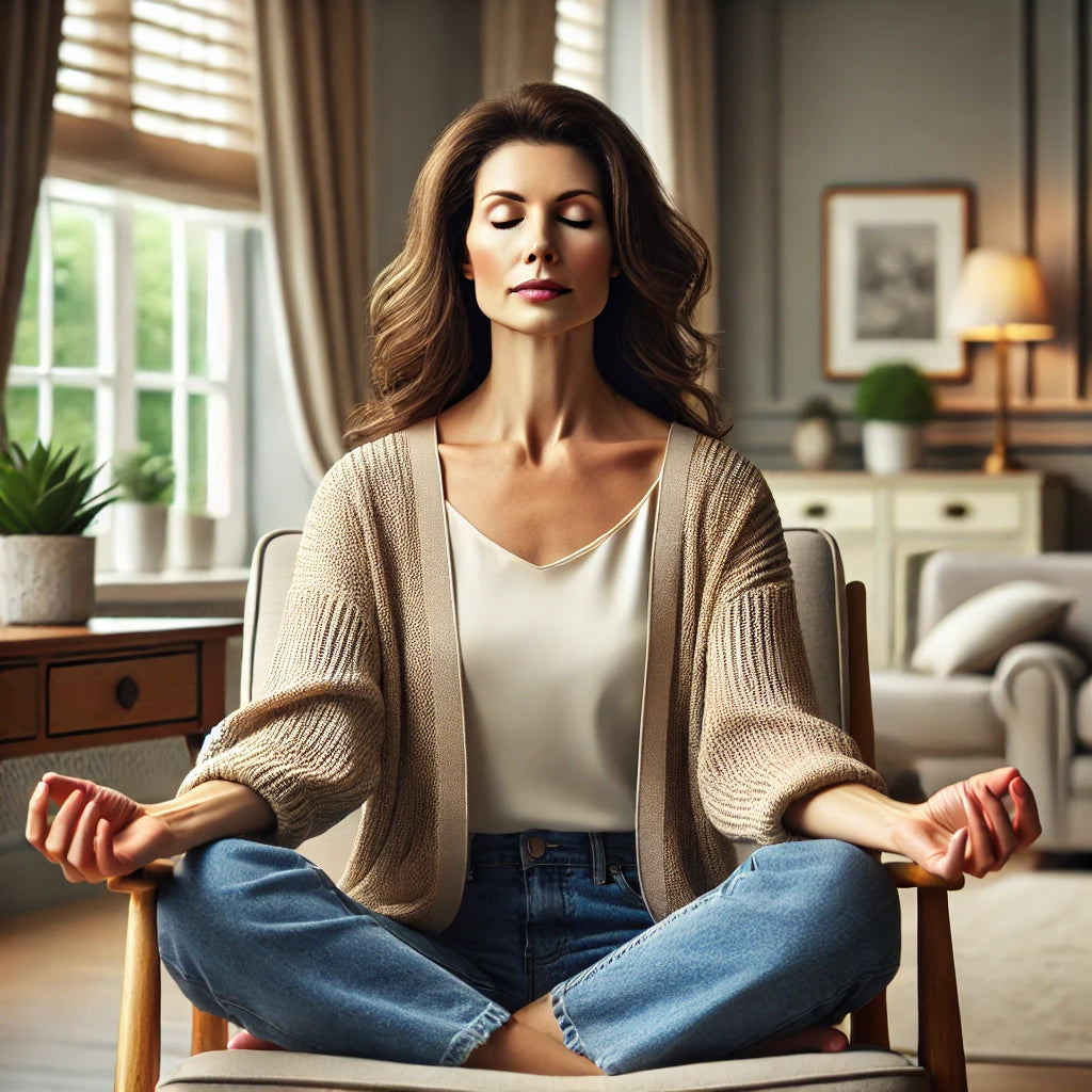 An image of a woman meditating at home to soothe adrenal fatigue symptoms