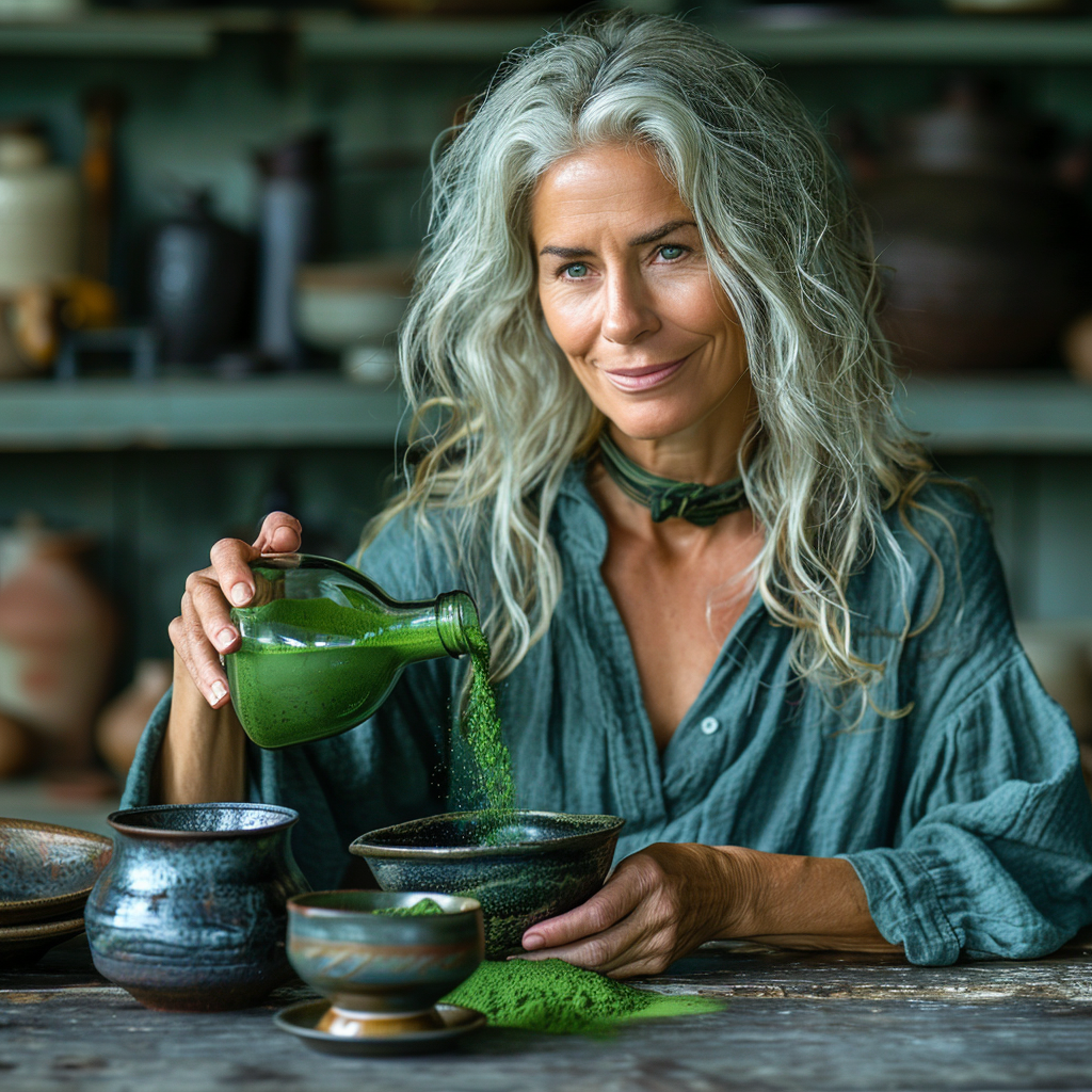 An image of a woman pouring alfalfa leaf powder into her soup.