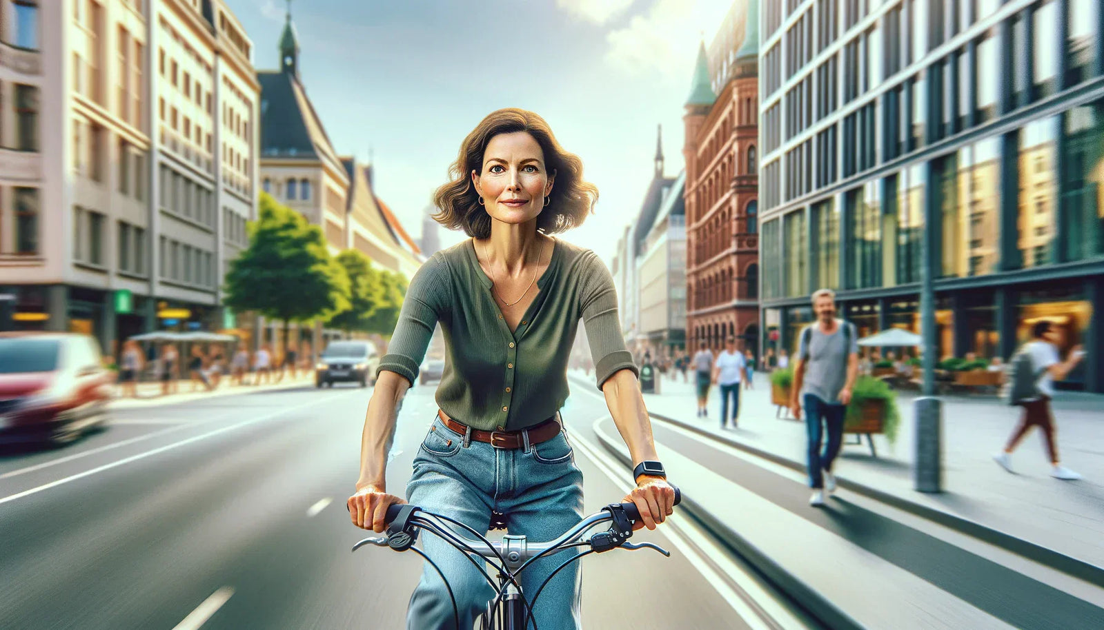 How to Get Rid of Menopause Belly Fat. An image of a woman riding a bicycle to decrease menopausal belly fat