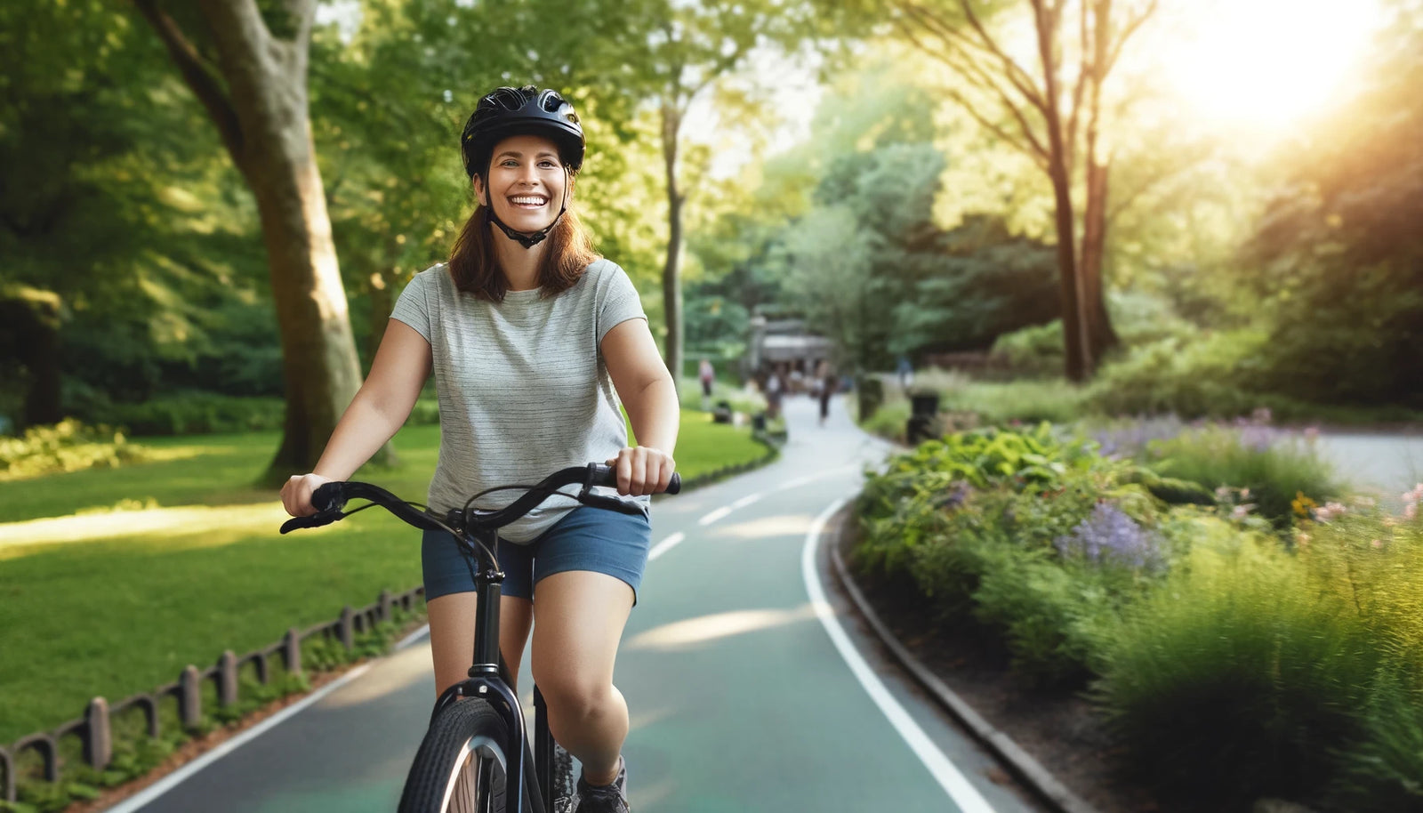 An image of a woman riding a bicycle to boost a slow metabolism.