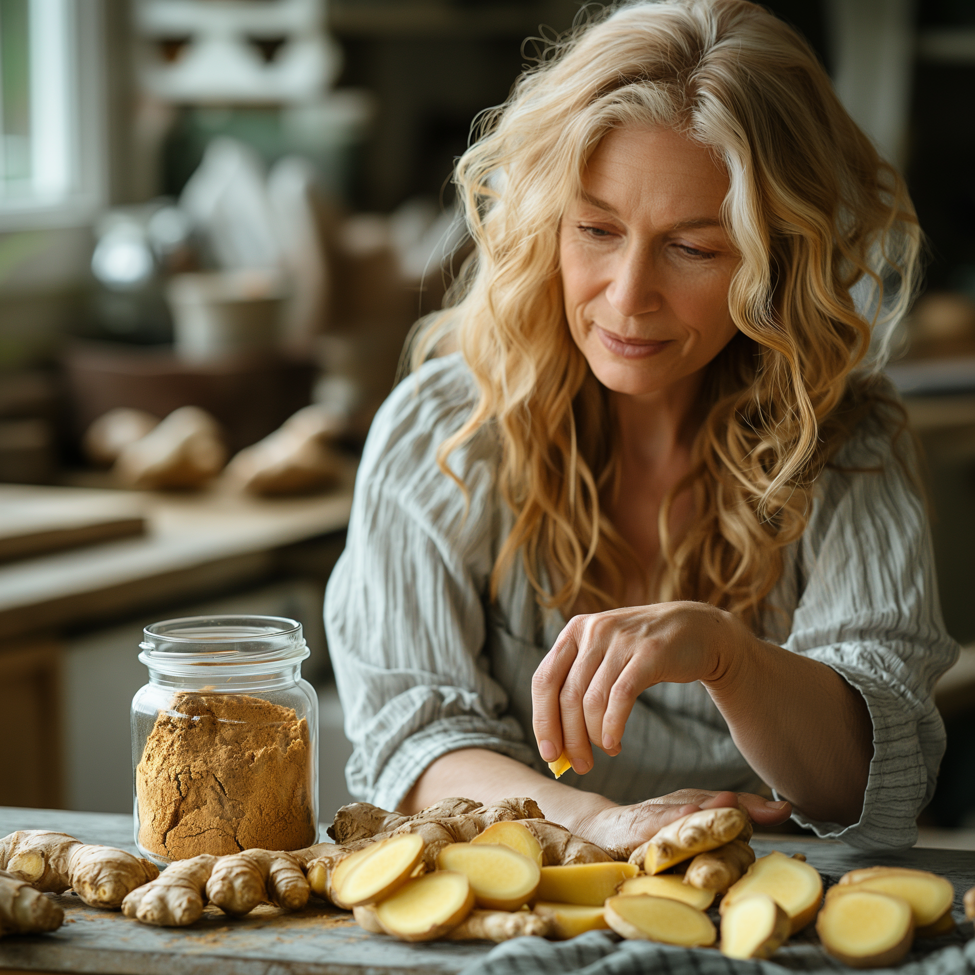 An image of a woman slicing ginger root to make ginger root powder