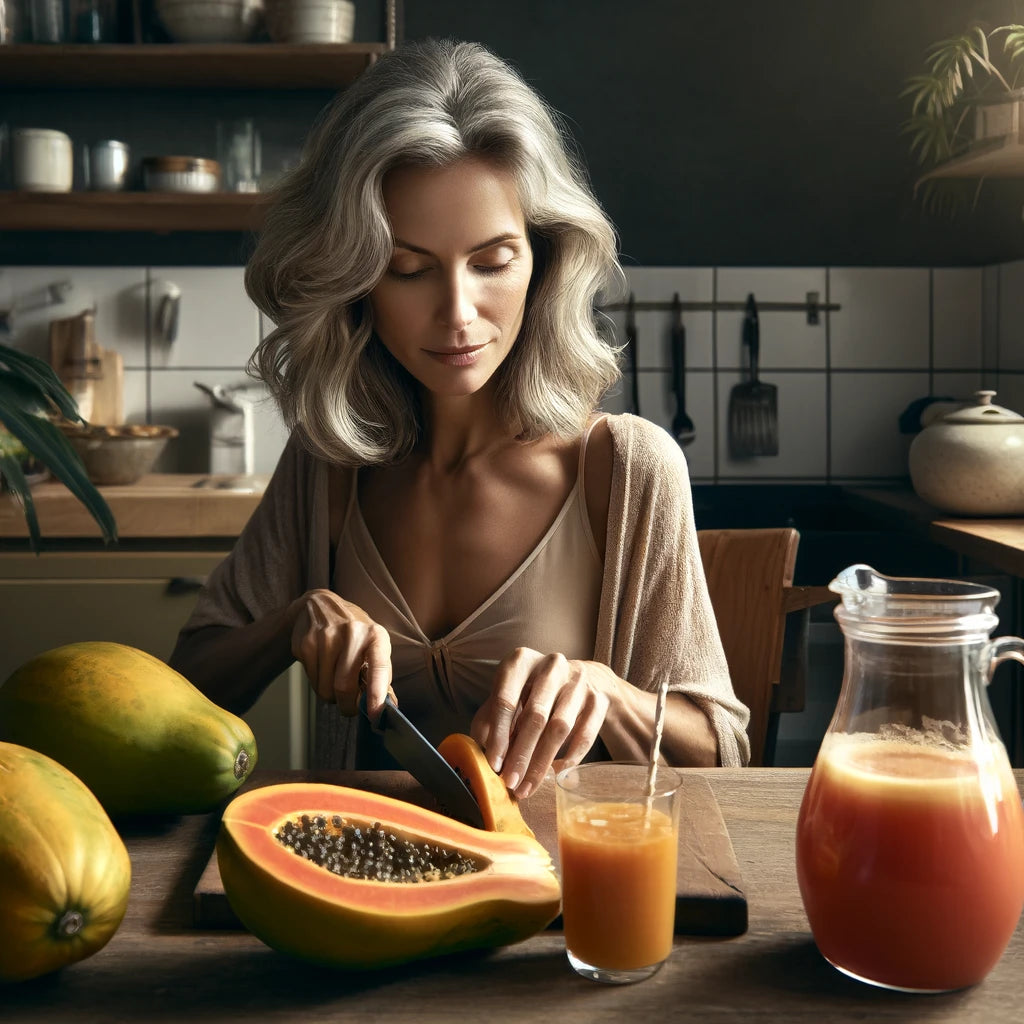 An image of a woman slicing a papaya fruit for papaya juice powder.