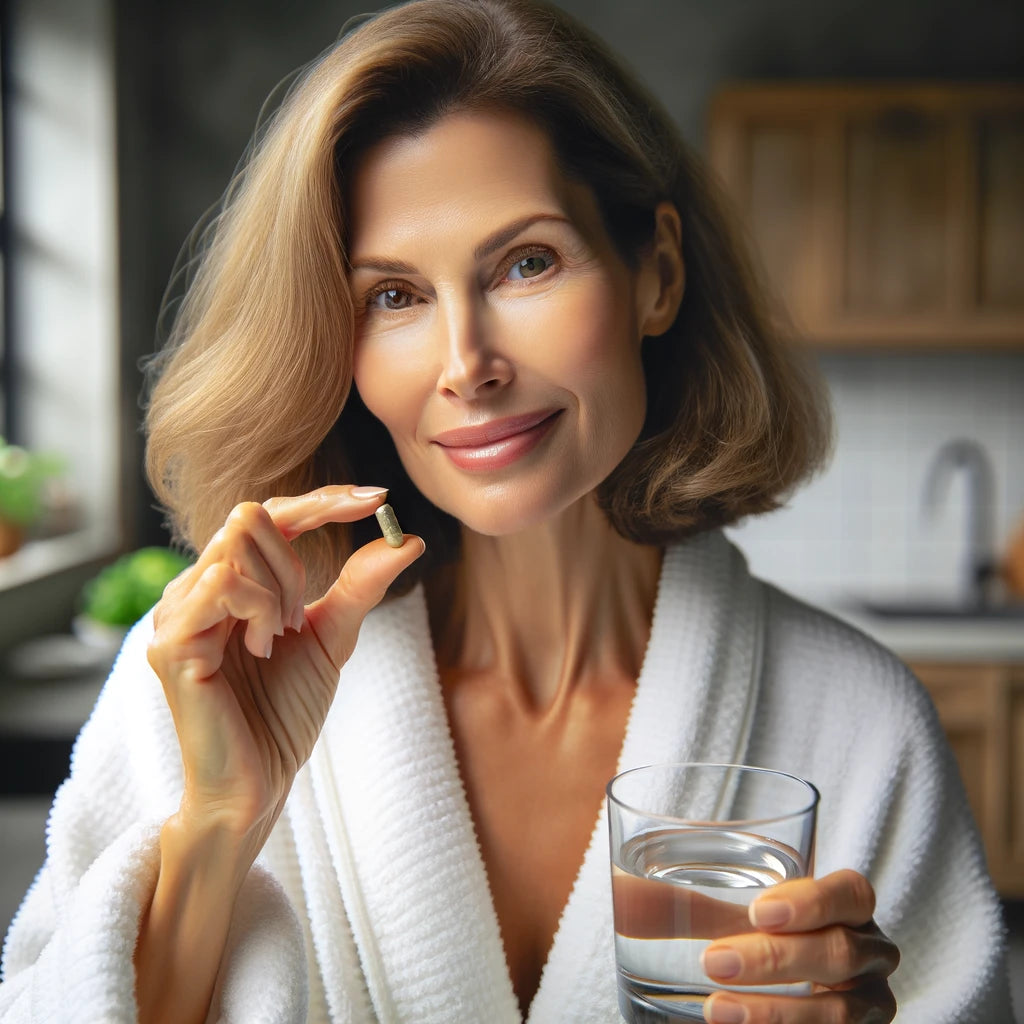 An image of a woman taking Tributyrin and Butyrate supplements.