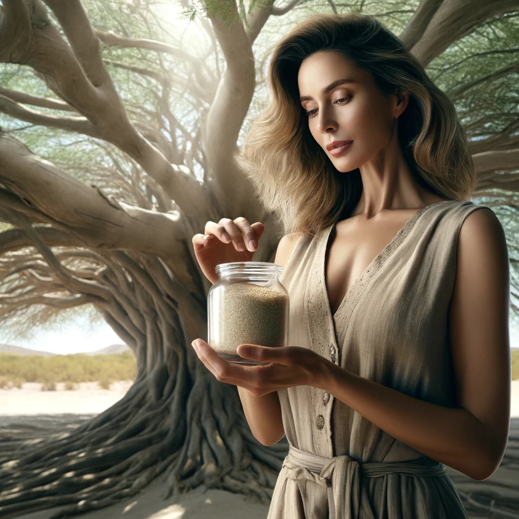 An image of a woman standing underneath an acacia tree holding a jar of acacia fiber powder.